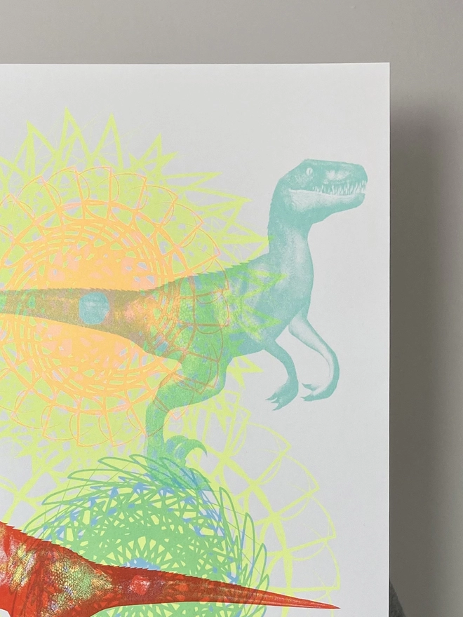 Psychedelic Raptor Rave - Screen Printed Dinosaur Poster - right close up