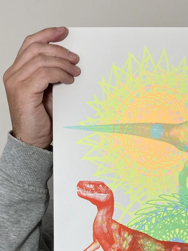 Psychedelic Raptor Rave - Screen Printed Dinosaur Poster - left close up