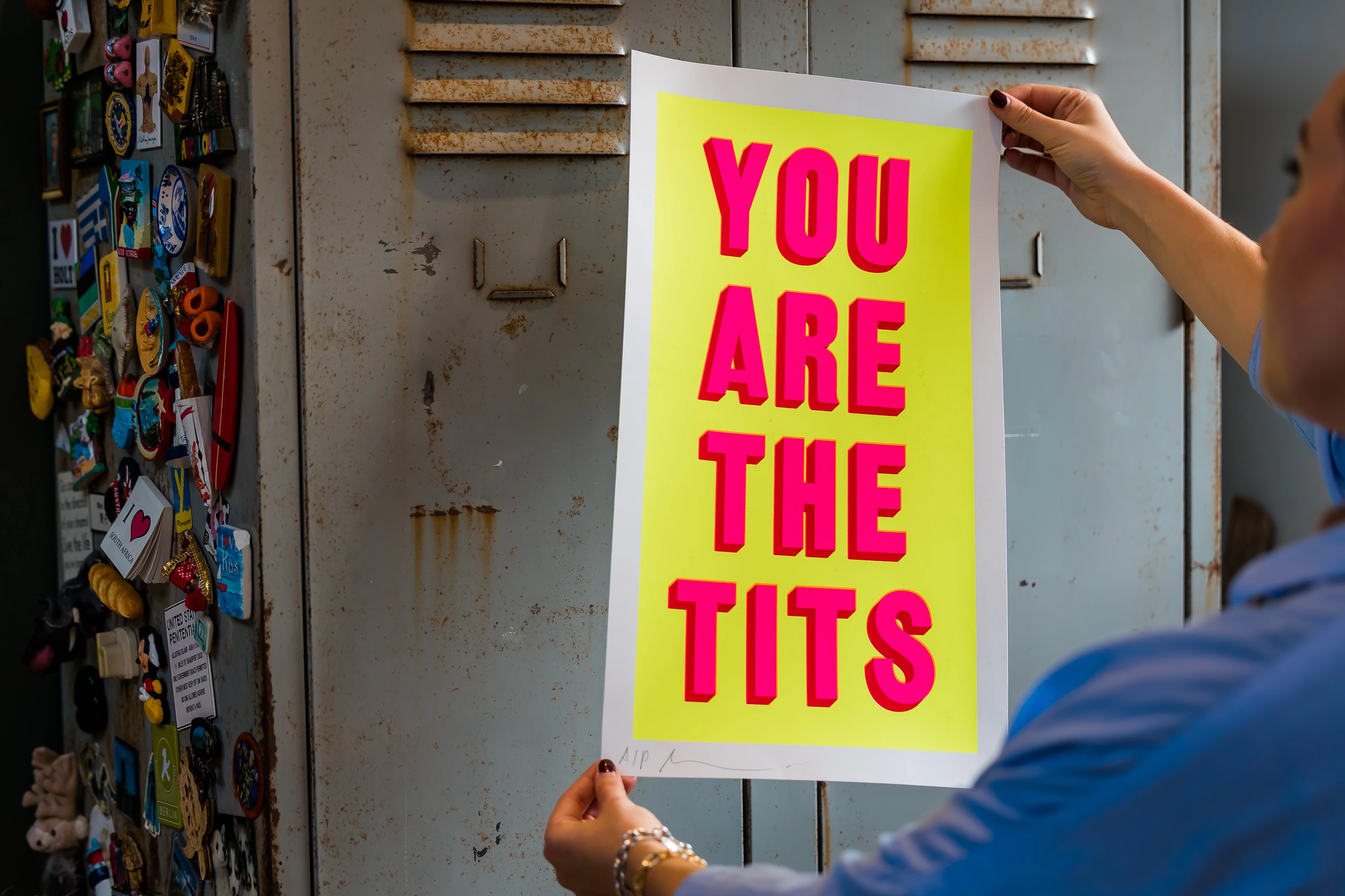 Dave Buonaguidi yellow and pink print saying 'You Are The Tits'