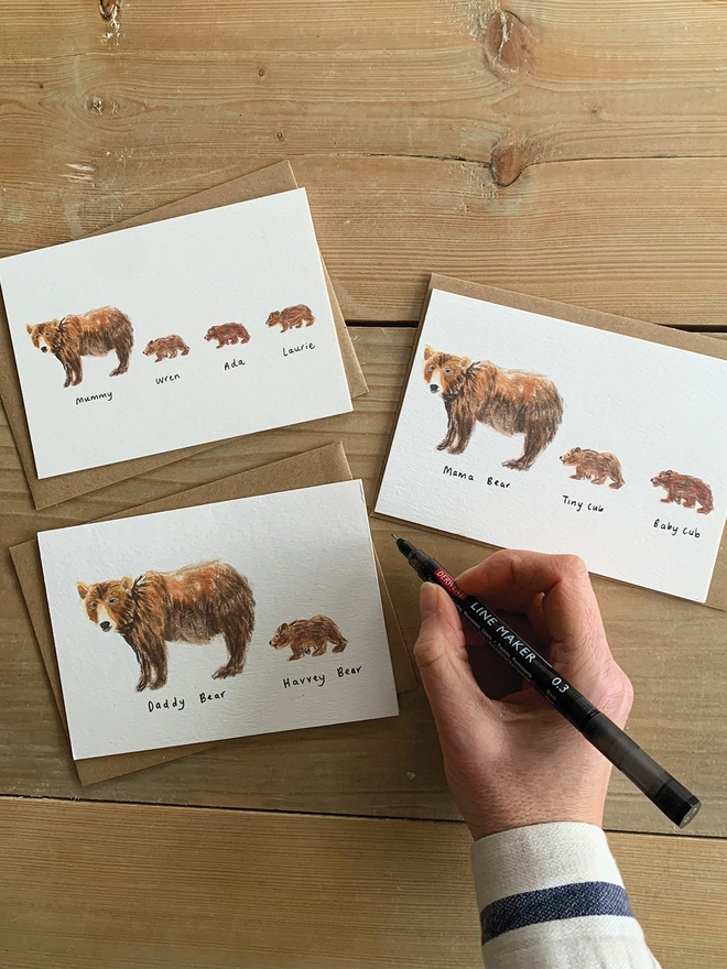 Hand Personalised Bear and Bear Cubs Greeting Cards