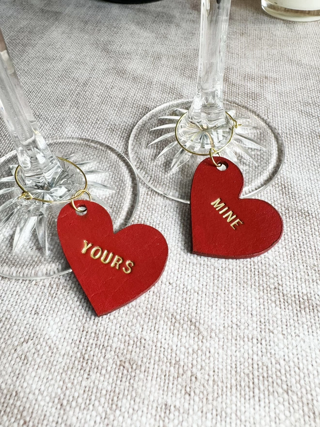 Red heart leather wine glass charms.