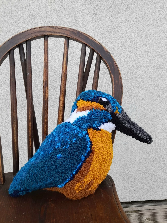 Beautiful Kingfisher Decorative Cushion in Vintage Wooden Chair