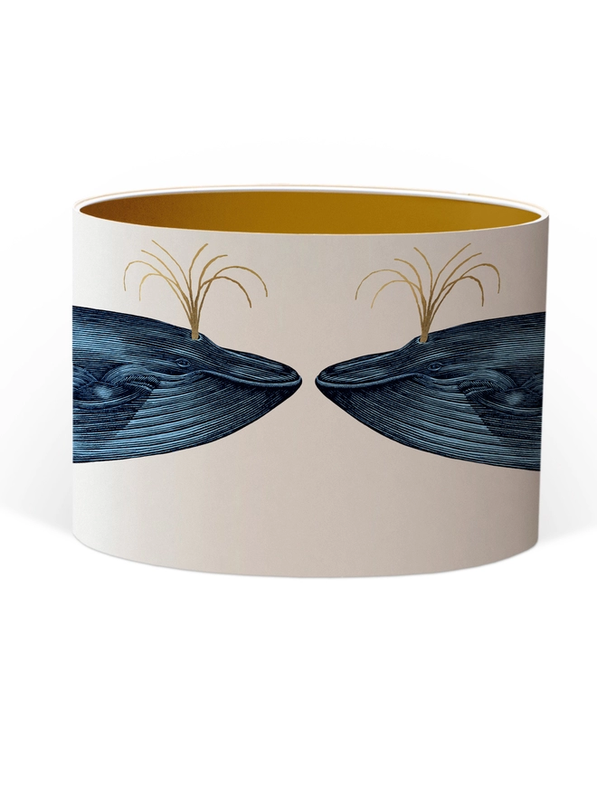 Blue Whale Drum Lampshade with a Gold Inner  and Gold Detail on a white background 