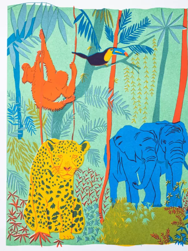 Close-up, detailed shot: 2 blue elephants, orange orangutan and yellow leopard 