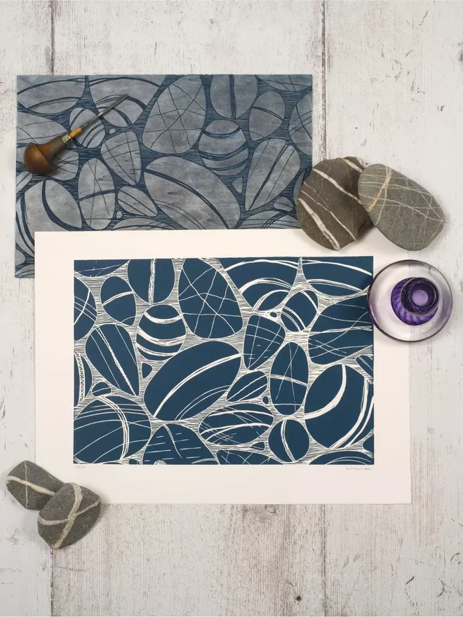 Picture of Cornish Pebbles On The Shoreline, taken from an original Lino Print 