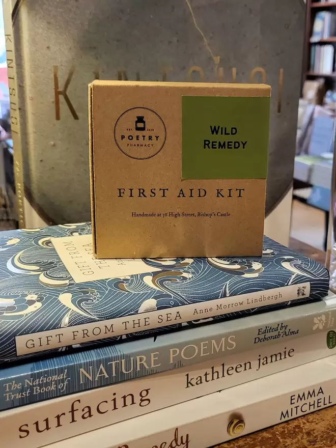 Cardboard Wild Remedy First Aid Kit on a pile of bookstry pills