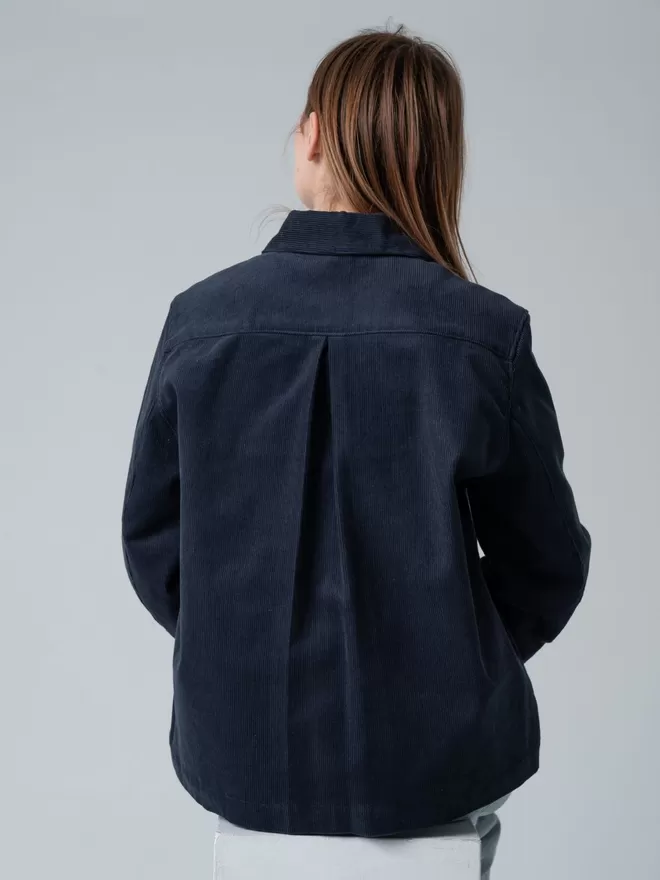 Corduroy jacket in storm blue, back view.