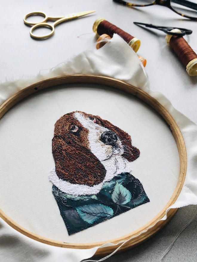 photo of the making of a small embroidered pet portrait of a Basset Hound