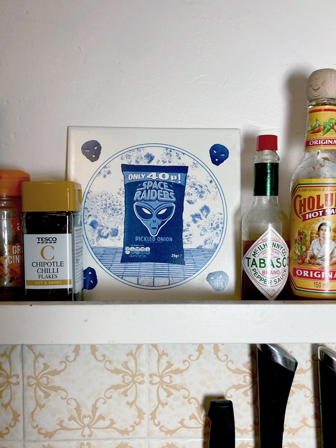 Tile, ceramic tile, space raiders, hand printed, Haus of Lucy, Delft style