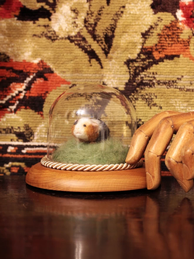 Needle-felted Guinea pig sculpture in dome