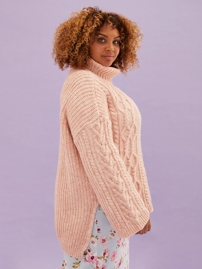Emily Cable Roll Neck Tunic Jumper - Dusky Pink - Side