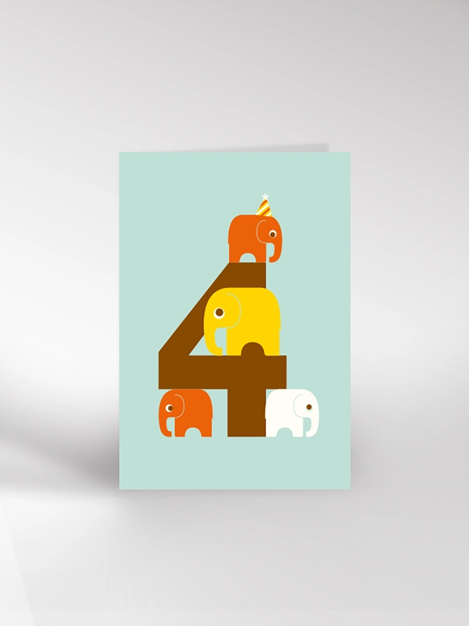 Birthday card with the number 4 and elephants