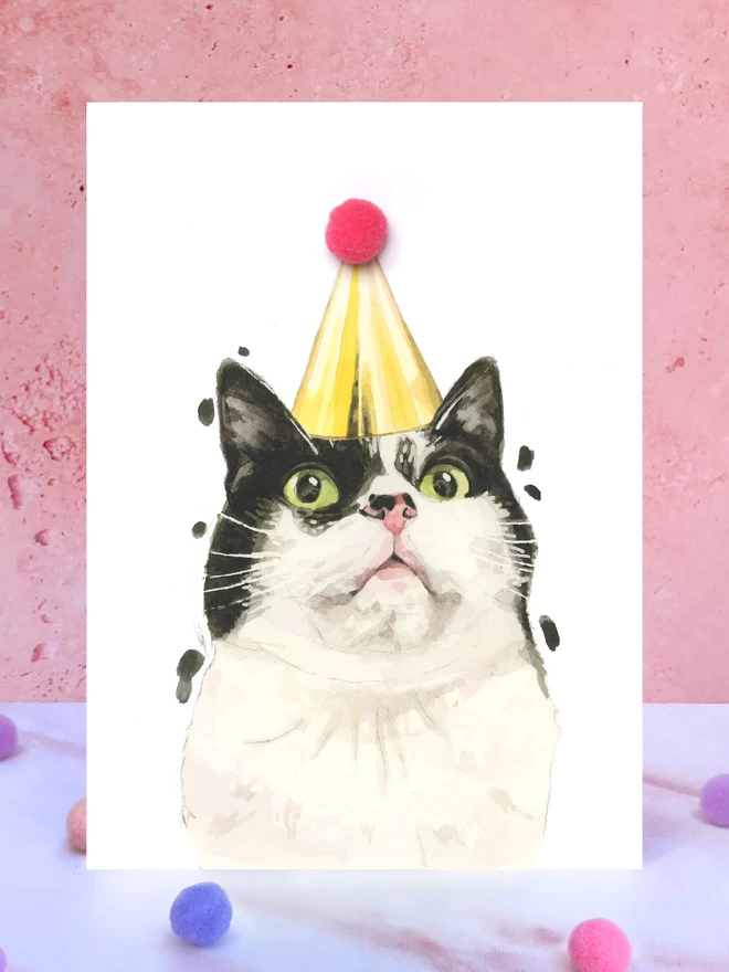 Black and White Cat Pompom Birthday Celebration Collection Card in front of a pink background and surrounded by pompoms