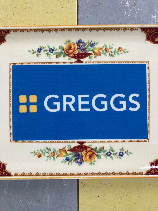 Greggs, Hand printed plate, ceramic plate, china plate, unique, original, original gift, Greggs china plate, handprinted greggs plate, vintage plate