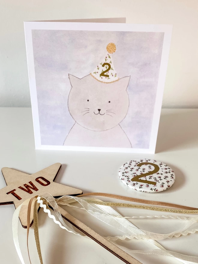 Grey Cat Birthday Card with Floral Party Hat
