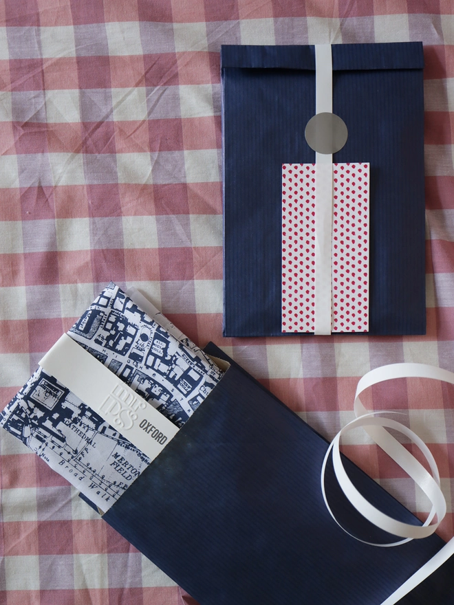 A Mr.PS Oxford Map hankie with optional gift wrapping; navy paper, white ribbon and patterned gift card
