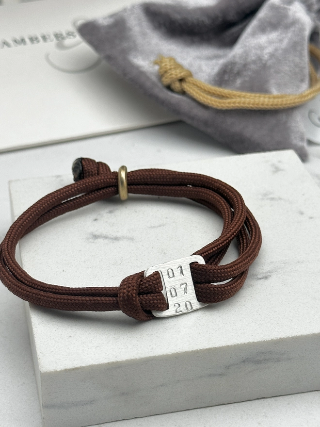 personalised sterling silver mini plate friendship bracelet on brown cord