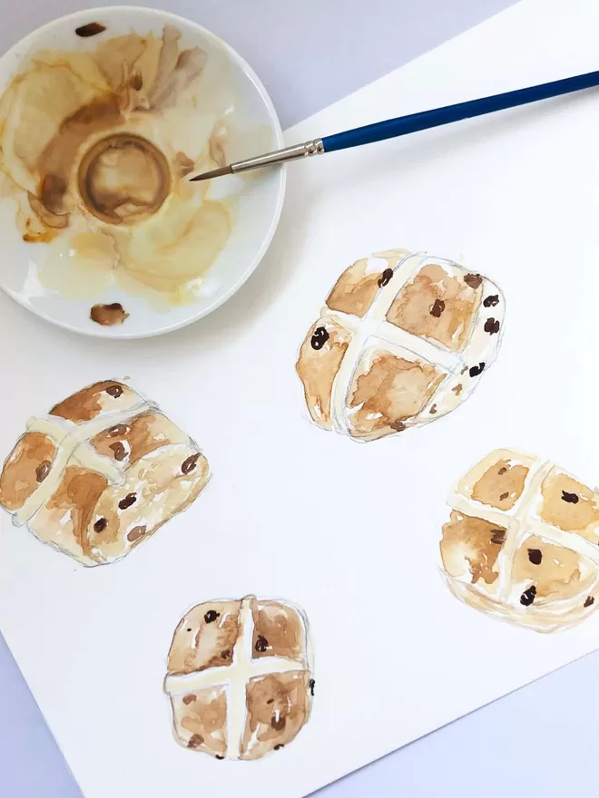 Original paintings of hot cross buns for 'Bun In The Oven' Card 
