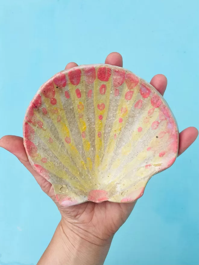 Pink and Yellow Handpainted Ceramic Scallop Dish 