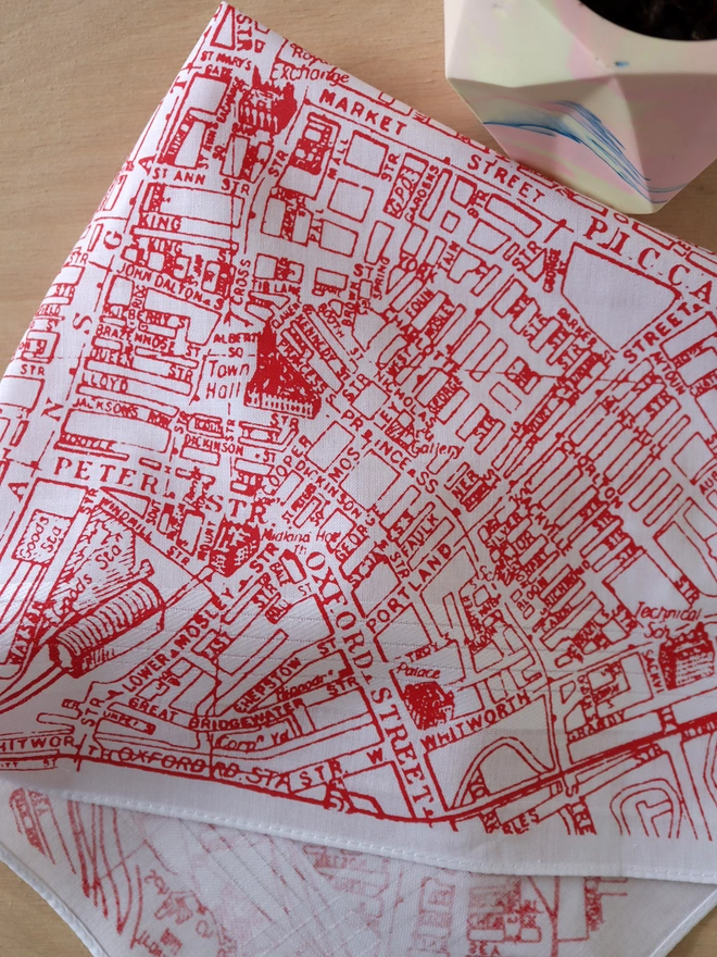 A lifestyle photo of a Mr.PS Manchester Map hankie printed in red with a plant pot