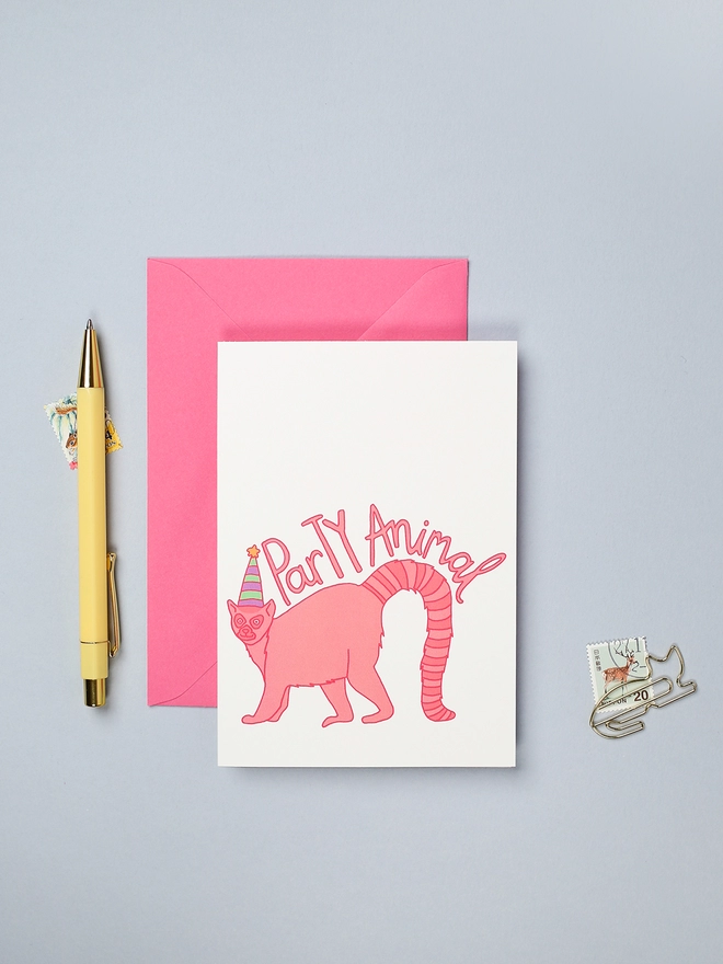 Colourful and fun birthday or special occasion card featuring a ring-tailed lemur