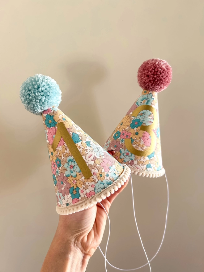 Pink and blue floral handmade party hats