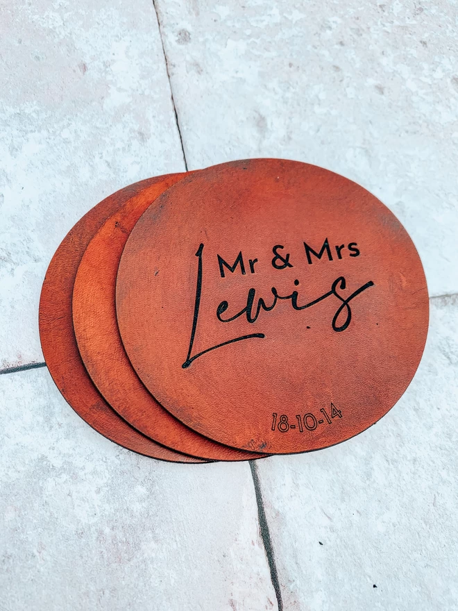 Tan leather personalised coaster