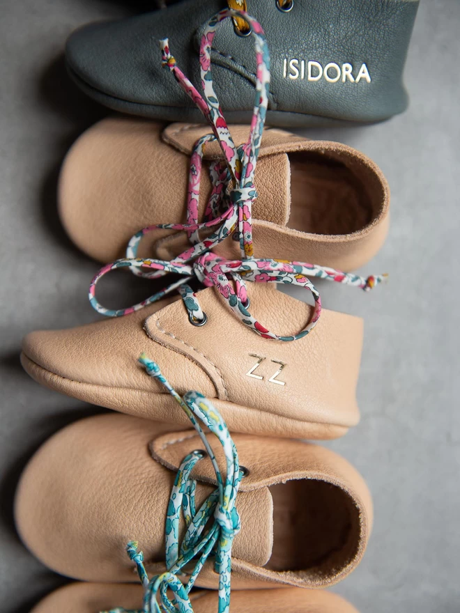 Natural Colour Leather Baby Shoes with Liberty Print Laces
