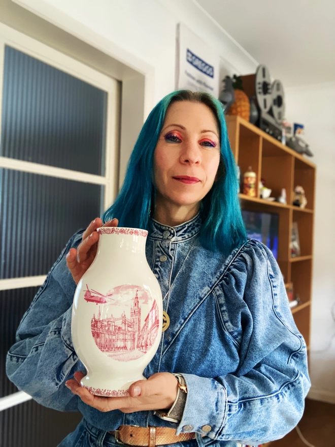 Vase, hand printed vase, chinnock helicopter, chinnock, unique gift, original art, Haus of Lucy, La Cartuja de Sevilla, hand printed vase