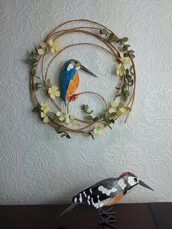 Kingfisher paper sculpture on a peach blossom wreath