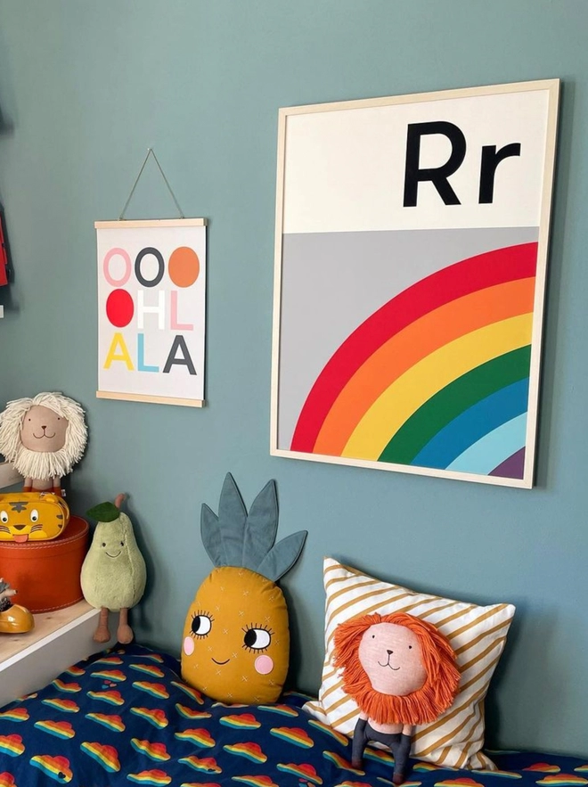 R for Rainbow alphabet wall print in childs bedroom
