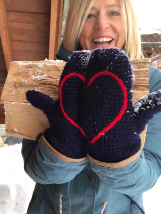 Navy Mittens with red heart