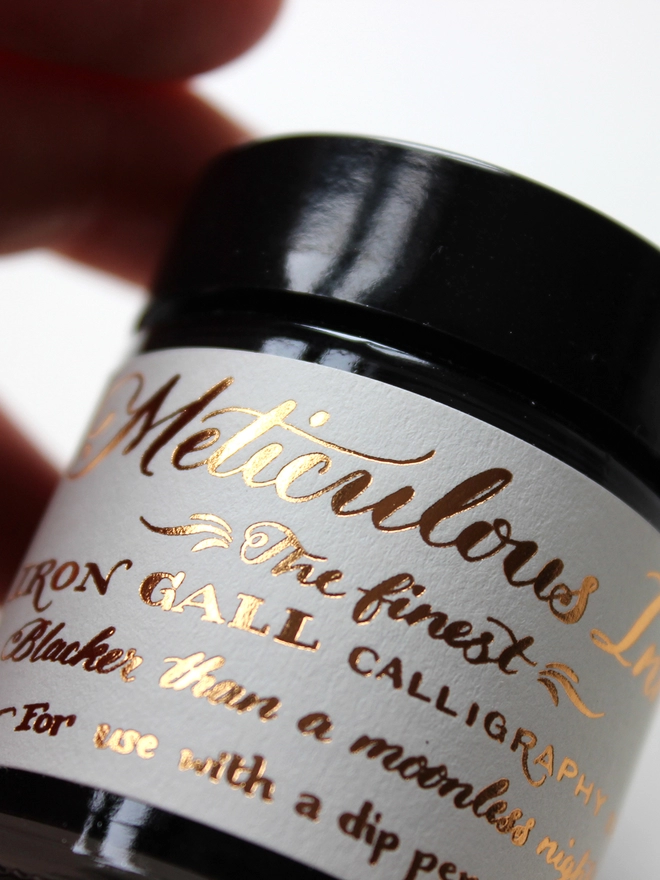 Meticulous Iron Gall Ink - Close up of foil printed label
