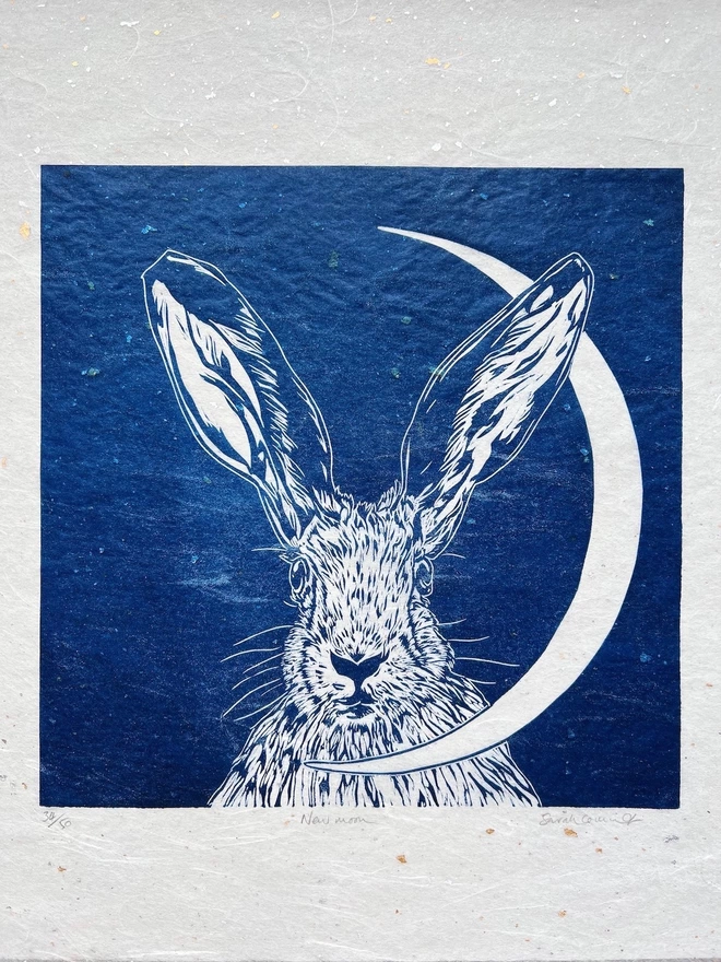 new moon hare linocut