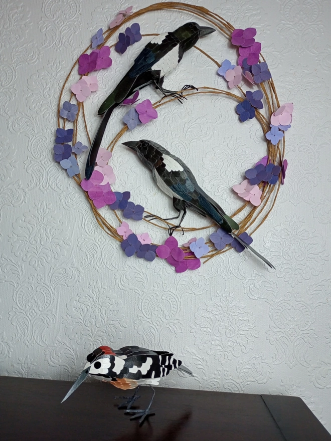 Magpie duo paper sculpture wall hanging
