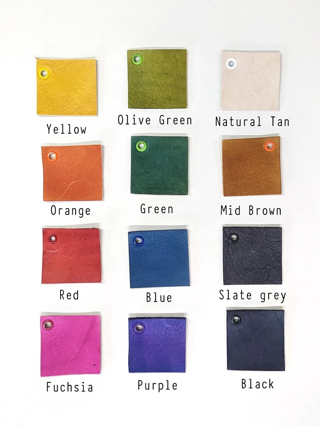 Leather sample colour chart for pencil rolls.