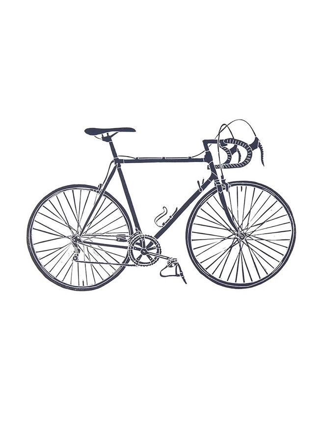 Picture of a Steel Framed Racing Bicycle, taken from an original Lino Print In Blue Black