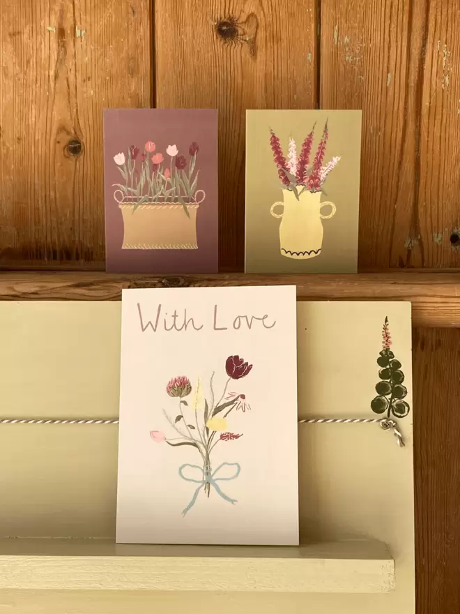 floral cards with foxgloves and tulips on