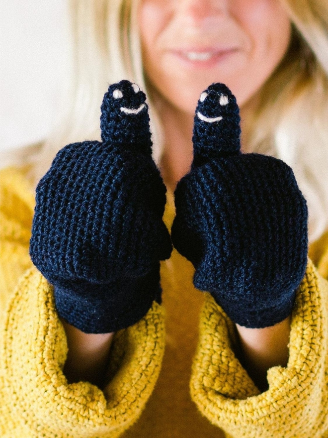 Navy Blue Smiley Face Mittens For Adults