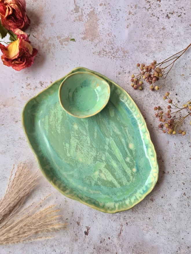 ceramic serving set, serving dish, ceramic plate, green, turquoise, aqua, Jenny Hopps Pottery