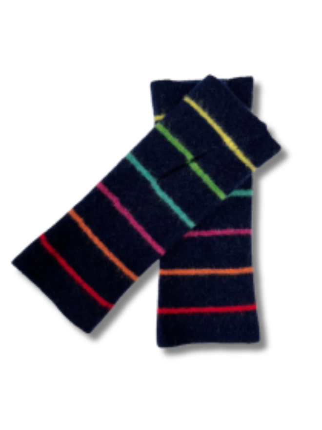 Navy knitted wristwarmers with multi coloured stripe laiid flat and overlapping each other