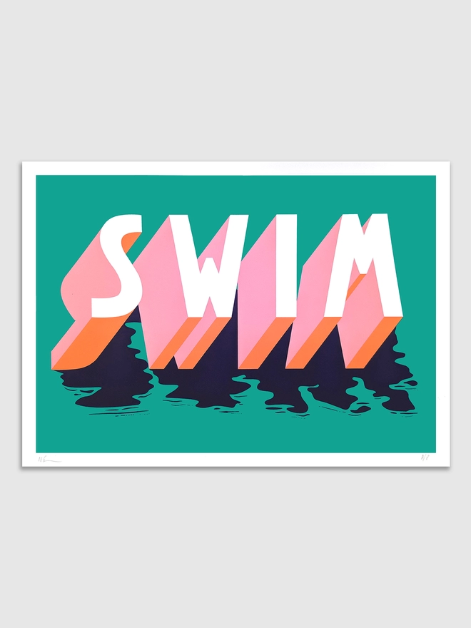 Screenprint of the word SWIM in 3d typography in pink, orange and blue on a green background by artist Survival Techniques. The letters have a watery shadow.