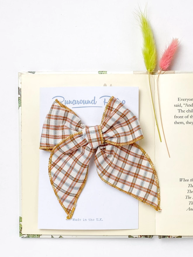 single bow in rust gingham for little girls by Runaround Retro