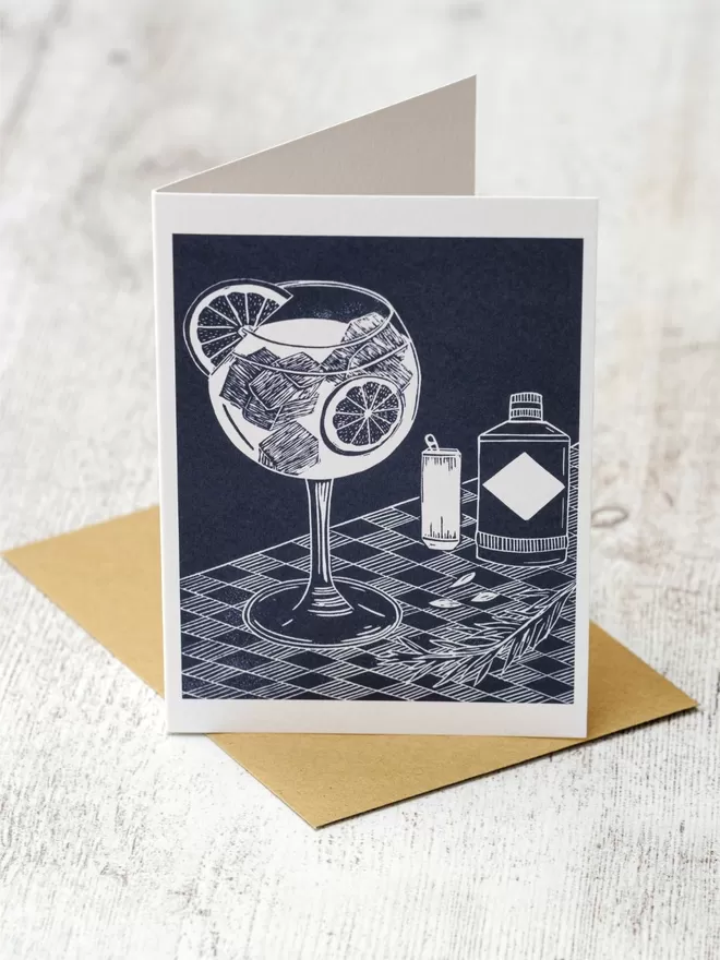Greeting Card with an image of a Gin And Tonic, taken from an original lino print