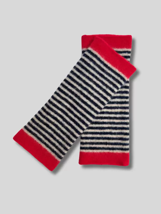 Knitted Red Navy Striped Wristwarmers laid flat overlapping each other