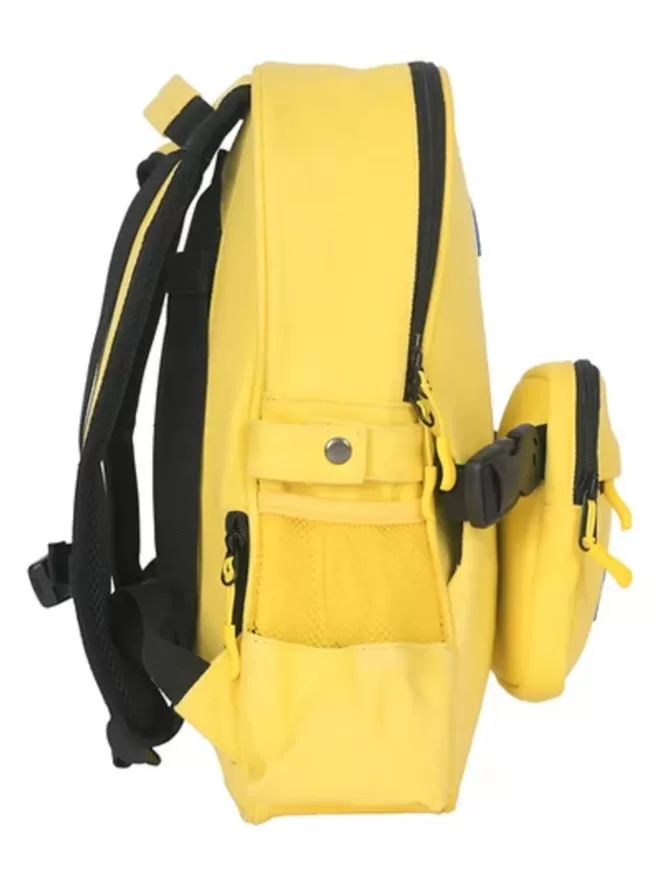 Side view of the Beltbackpack in yellow with view of a water bottle compartment.