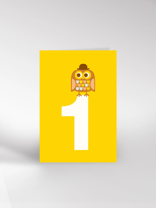 Birthday card featuring number 1 and an owl