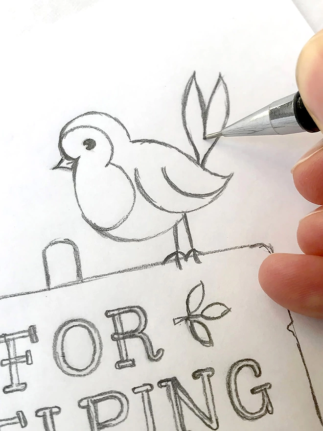 pencil sketch of bird for teacher thank you card