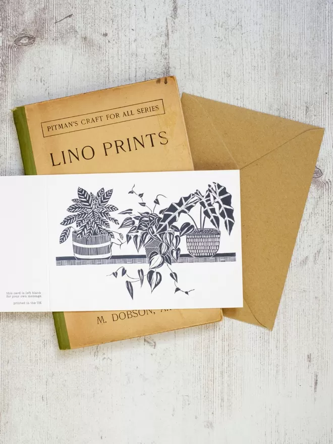 Greeting Card with an image of Three House Plants On A Shelf, taken from an original lino print
