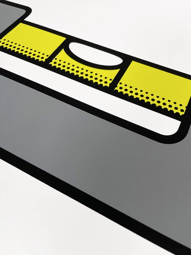 Close up of a screenprint of a spirit level depicting the bubble gauge printed in grey, black and acid yellow with half tone shading.
